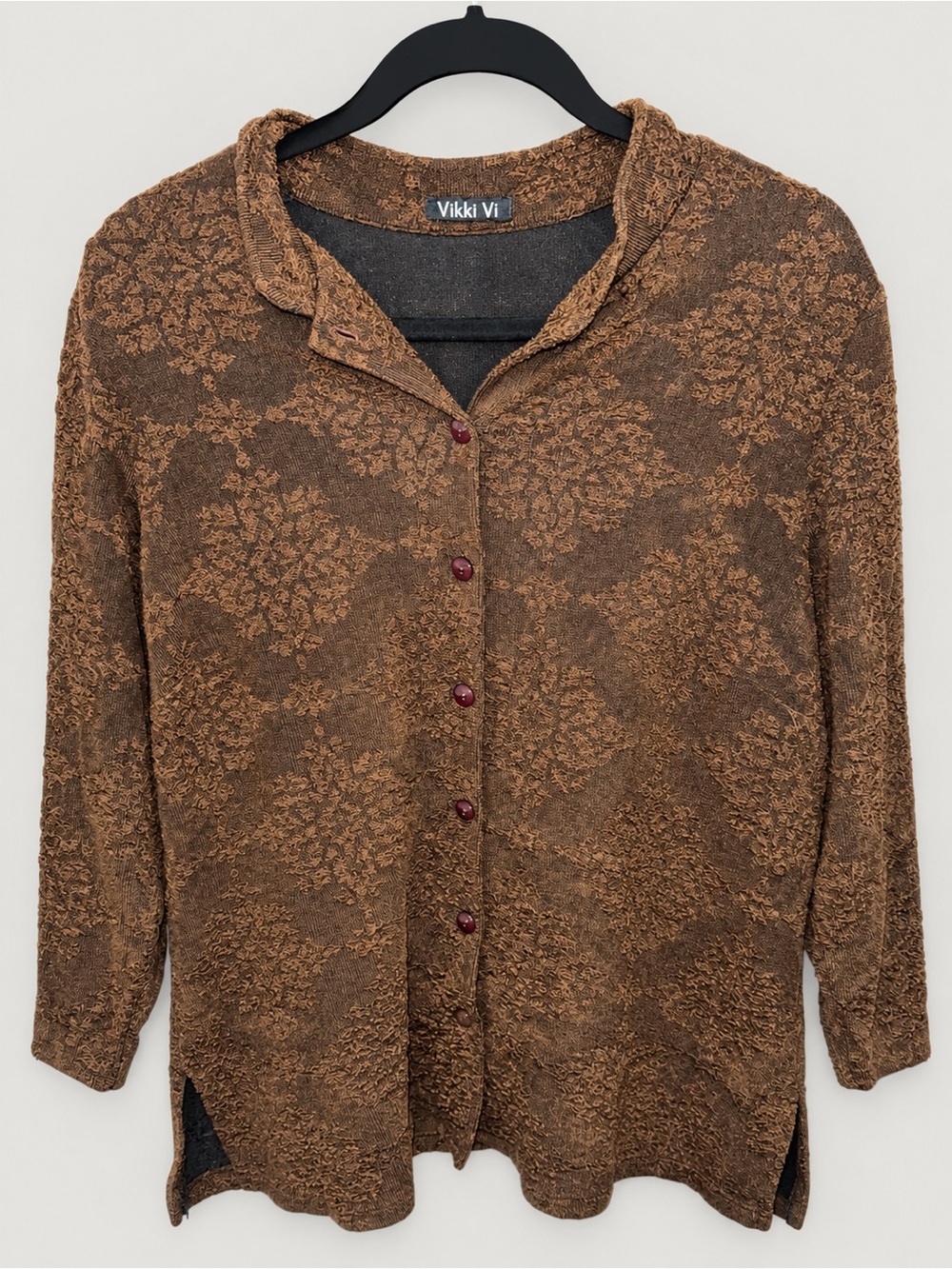 Vikki Vi Brown Textured Jacquard Button Front Jacket Top 1X Made USA